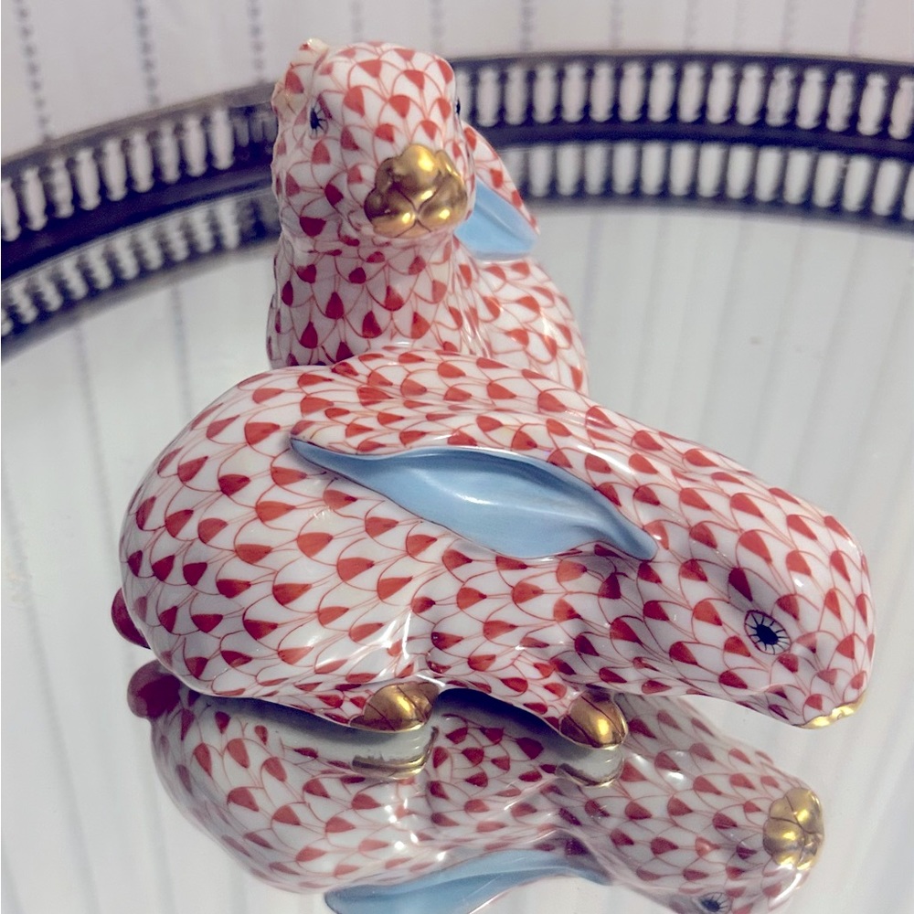 Pair of Herend hand painted rabbit porcelain figurines.